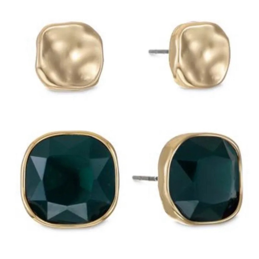 STYLE & CO 2-Pc. Set Colored Stone Square Green/Gold Stud Earrings